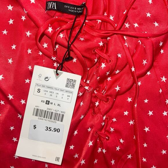 Zara Star Print Bodysuit Red Front Tie Size Small NWT - Picture 3 of 4